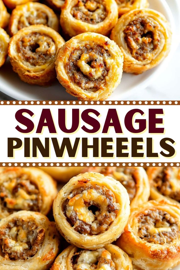 sausage pinwheels on a plate with text overlay