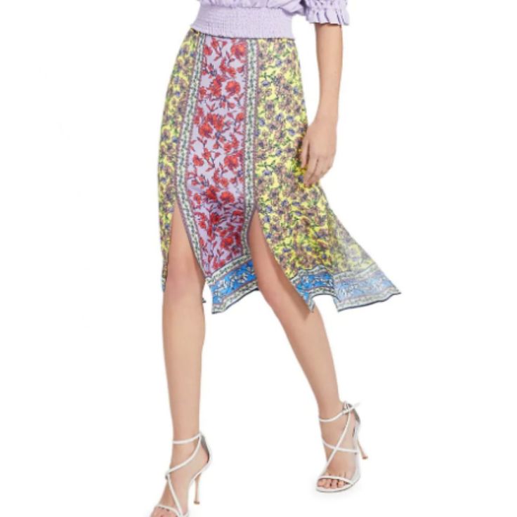 Alice + Olivia Athena Floral Midi Skirt New W/Tags Sold Out Retail: $350 Contrasting Flowers Are Everywhere On This Stunning Skirt With Beautiful Breezy Side Slits Size: 10 True To Size. If Between, Order One Size Up Color: Ditsy Border Lavender Multi Flower Print Crepe De Chine Sexy, Yet, Classy Slits Along Pleats (2 In Front, 2 In Back, 1 On Each Side) Hook & Zip Fastening At Back Non-Stretchy Lightweight Fabric Partially Lined 100% Viscose Pair W/ The Julius Top (Also For Sale) For A Sleek Lo Summer Skirt With Side Slits, Summer Asymmetrical Skirt With Side Slits, Spring Asymmetrical Skirt With Split Design, Asymmetrical Skirt With Side Slits For Summer, Asymmetrical Skirt With Split Design For Summer, Spring Pencil Skirt With Side Slits, Summer Flowy Skirt With Side Slits, Summer Midi Skirt With Side Slits, Spring Party Skirt With Side Slits