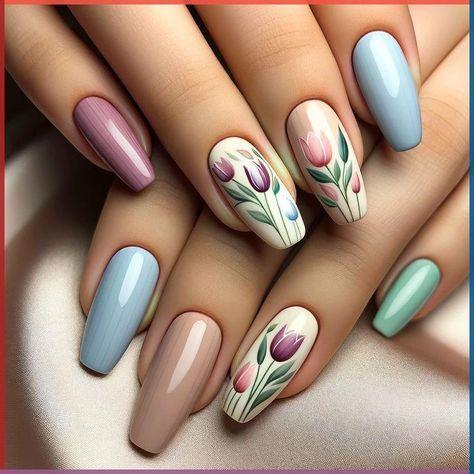 Tulip Nail Designs, Tulip Nails Design Spring, Nails With Tulips, Tulip Nail Art, Tulip Nails, Pink Nail Art Designs, Simple Spring Nails, Easter Nail Designs, Nail Art For Beginners