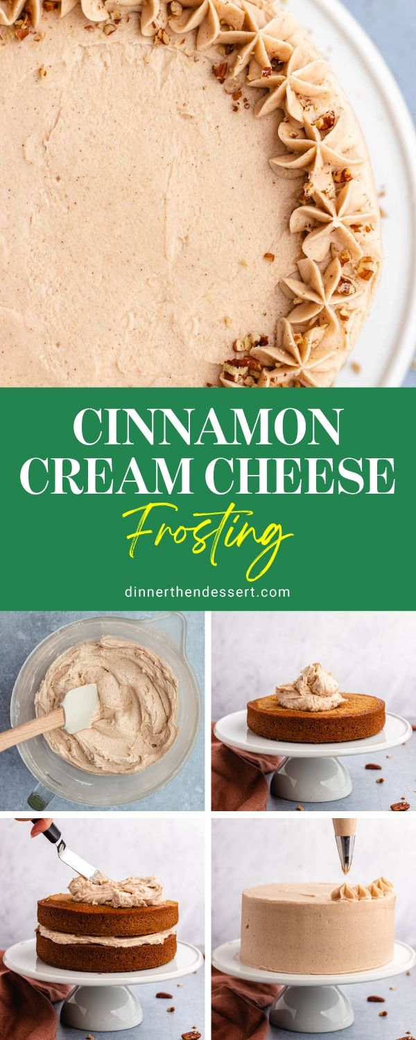 the steps to making a cinnamon cream cheese frosting cake on a white platter