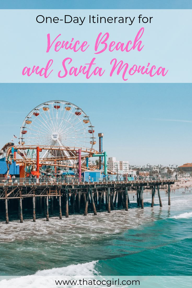 a pier with the words venice beach and santa monica on it in pink overlay