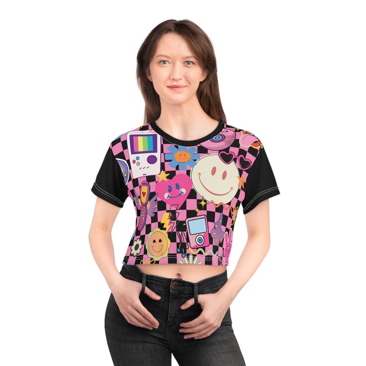 This personalized crop top has both comfort and style in spades. Add whimsical patterns, feel-good designs and create a unique AOP crop tee that's perfect for everyday wear. Made 100% with silky soft polyester that is both lightweight and breathable. .: 100% polyester .: Light fabric (6 oz/yd² (203 g/m .: Sewn-in care label .: Assembled in the USA from globally sourced parts Y2k Cartoon Print Tops For Streetwear, Y2k Crew Neck Cropped T-shirt For Streetwear, Black Y2k Crop Top For Streetwear, 90s Inspired Graphic Print Crop Top With Short Sleeves, Pink Graphic Print Cropped T-shirt For Streetwear, Y2k Style Black Crop Top For Streetwear, Pink Cropped T-shirt With Graphic Print For Streetwear, 90s Style Tops With Sublimation Print For Summer, 90s Style Cropped T-shirt For Spring