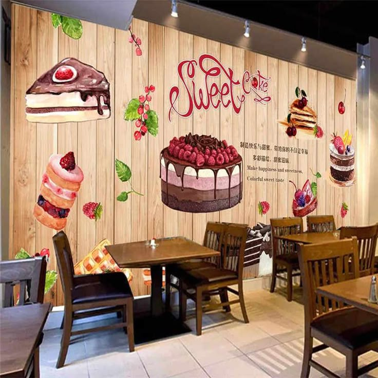 a restaurant with wooden tables, chairs and wall mural featuring desserts on the walls