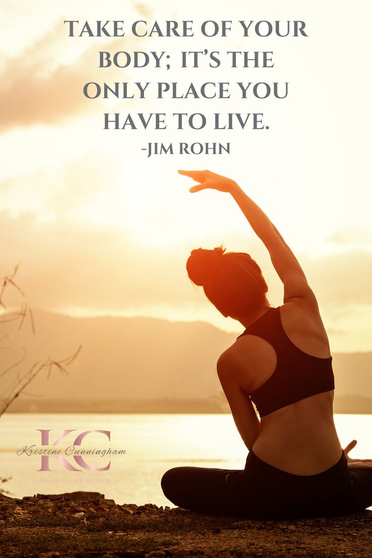 a woman doing yoga on the beach with an inspirational quote above her that reads, take care of your body it's the only place you have to live