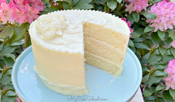 a white frosted cake on a blue plate with pink flowers in the back ground