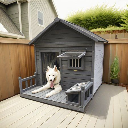 a white dog laying on top of a wooden house