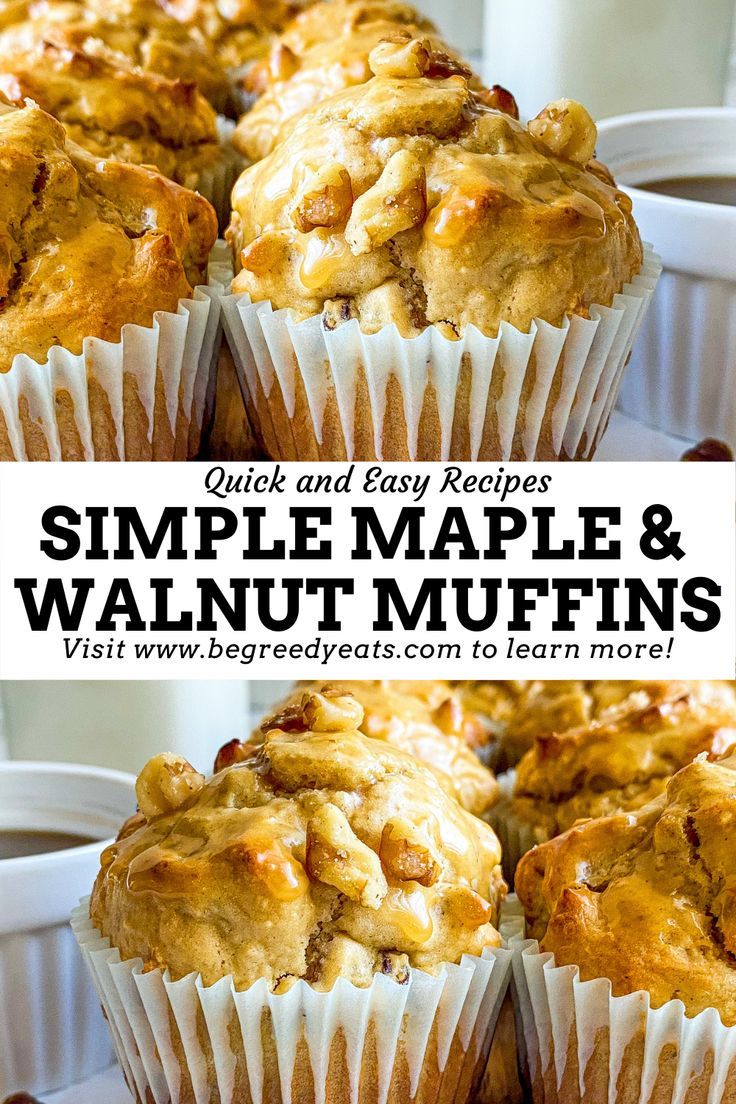 some muffins sitting on top of each other with the words simple maple and walnut muffins