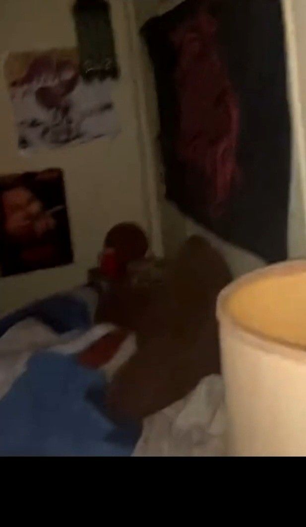 a blurry image of a person laying in bed next to a lamp and pictures on the wall