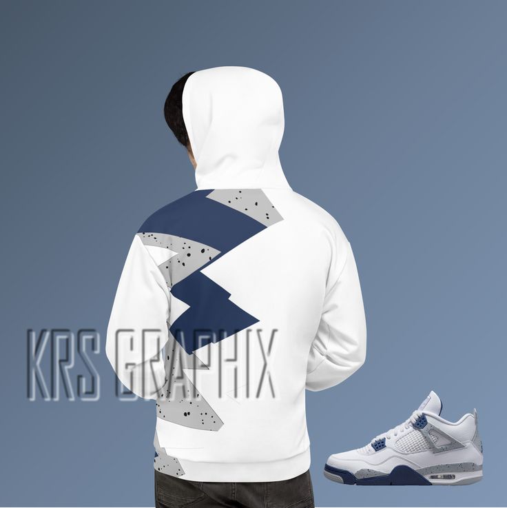 This comfy Jordan 4 'Midnight Navy' unisex hoodie has a soft outside with a vibrant print, and an even softer brushed fleece inside. The hoodie has a relaxed fit, and it's perfect for wrapping yourself into on a chilly evening. It's comfortable and flattering for both men and women. This design is perfect for sneakerheads everywhere!  * 70% polyester, 27% cotton, 3% elastane * Fabric weight: 8.85 oz/yd² (300 g/m²) * Soft cotton-feel fabric face * Brushed fleece fabric inside * Double-lined hood What To Wear Midnight Navy Jordan 4, Midnight Navy Jordan 4, Jordan 4 Midnight Navy, Hoodie Jordan, Jordan 4’s, Navy Hoodie, Shoe Display, Midnight Navy, Star Shirt