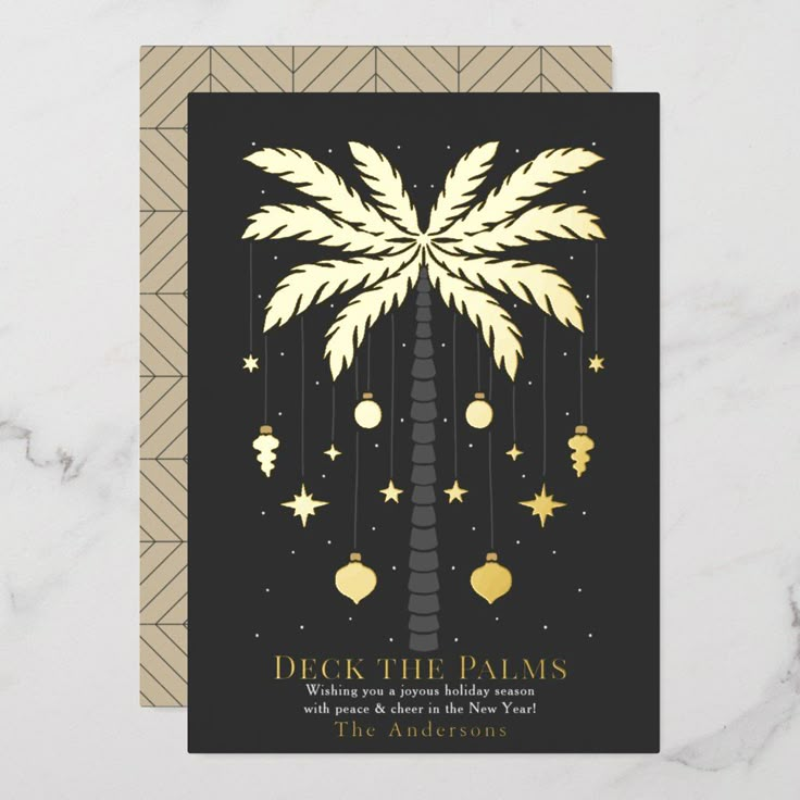 a black and gold palm tree holiday card