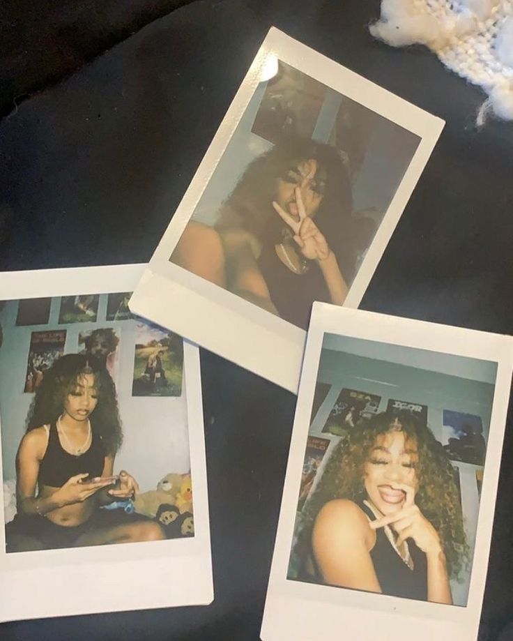 three polaroid photos of women sitting next to each other on top of a table