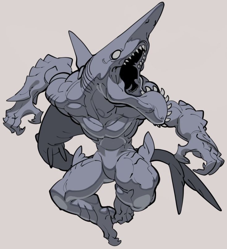 a drawing of a shark with its mouth open and claws out, it's teeth are