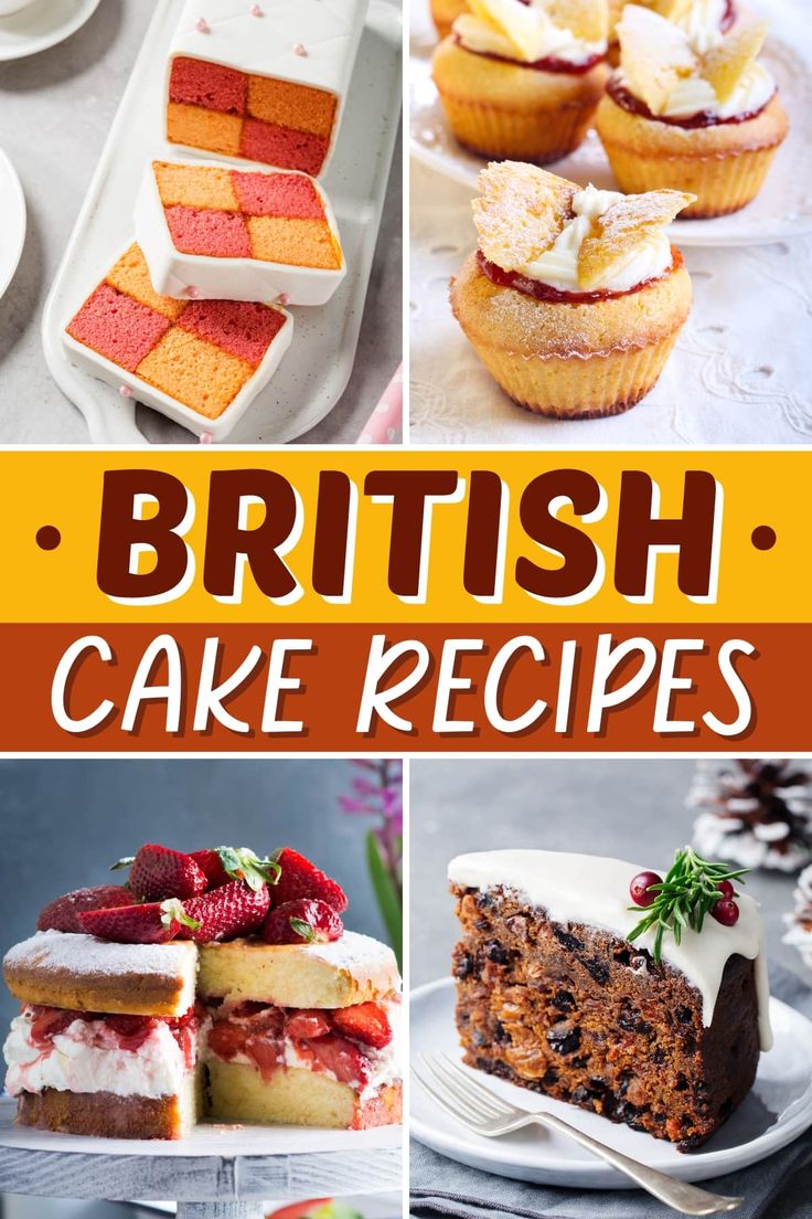 the british cake recipes cookbook is open to show different types of cakes and desserts