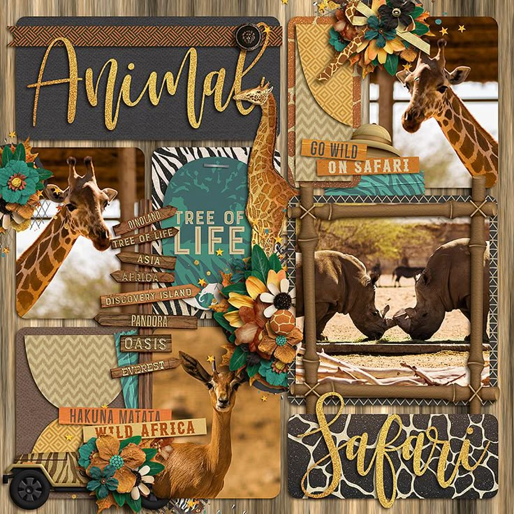 an animal scrapbook page with giraffes, zebra and antelope