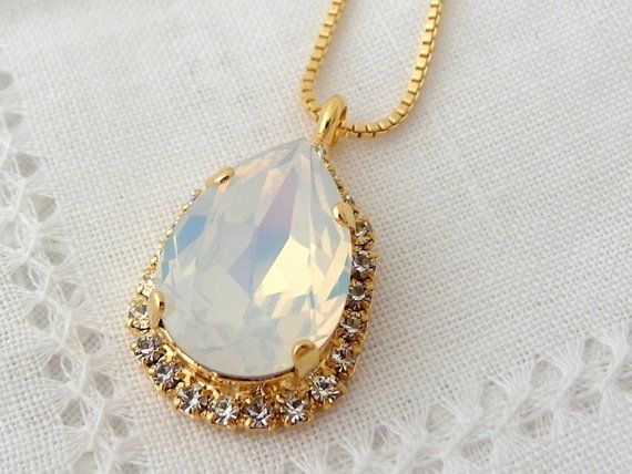 Bridal necklace, White opal and clear crystal Swarovski pendant necklace, Teardrop pendant necklace, White Crystal Teardrop Pendant Necklace, White Gemstone Necklace For Party, White Gemstone Party Necklace, White Crystal Teardrop Drop Necklace, White Teardrop Drop Necklace For Party, White Drop Necklaces For Parties, Elegant White Crystal Pendant Necklace, White Teardrop Pendant Jewelry For Party, Elegant White Pendant Crystal Necklace