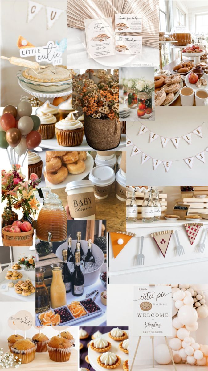 a collage of different pictures with food and drink items in them, including cupcakes