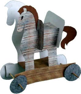 a wooden toy horse with wheels made out of paper