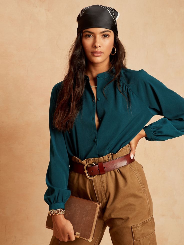 Crepe Covered-Button Blouse | Banana Republic Factory Button-up Blouse With Blouson Sleeves, Trendy Office Blouse With Button Cuffs, Chic Blouse With Button Cuffs For Fall, Workwear Blouse With Placket For Fall, Chic Fall Blouse With Button Cuffs, Fall Workwear Blouse With Placket, Trendy Fall Blouse With Cuffed Sleeves, Trendy Shirt With Cuffed Sleeves For Workwear, Trendy Blouse With Cuffed Sleeves For Work