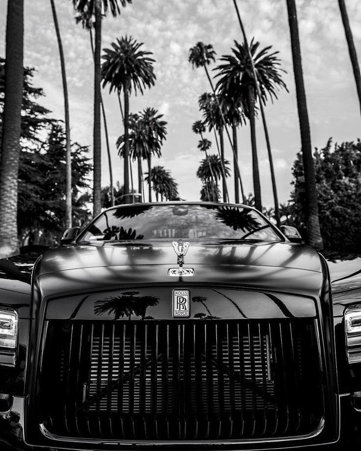 a black and white photo of a rolls royce parked in front of palm trees on a sunny day