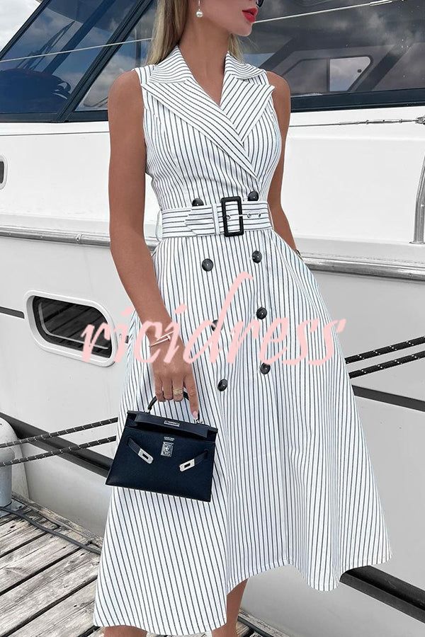 Fashion Casual Striped Button Belt Midi Dress Chic Sleeveless Maxi Dress With Button Closure, Chic Sleeveless Dress With Button Closure For Day Out, Chic Sleeveless Button Dresses, Chic Sleeveless Midi Dress With Button Closure, White Sleeveless Maxi Dress With Button Closure, Sleeveless Button Closure Midi Dress For Beach, Sleeveless Maxi Dress For Work With Buttons, Sleeveless Maxi Dress With Buttons For Work, Chic Sleeveless Midi Dress With Buttons