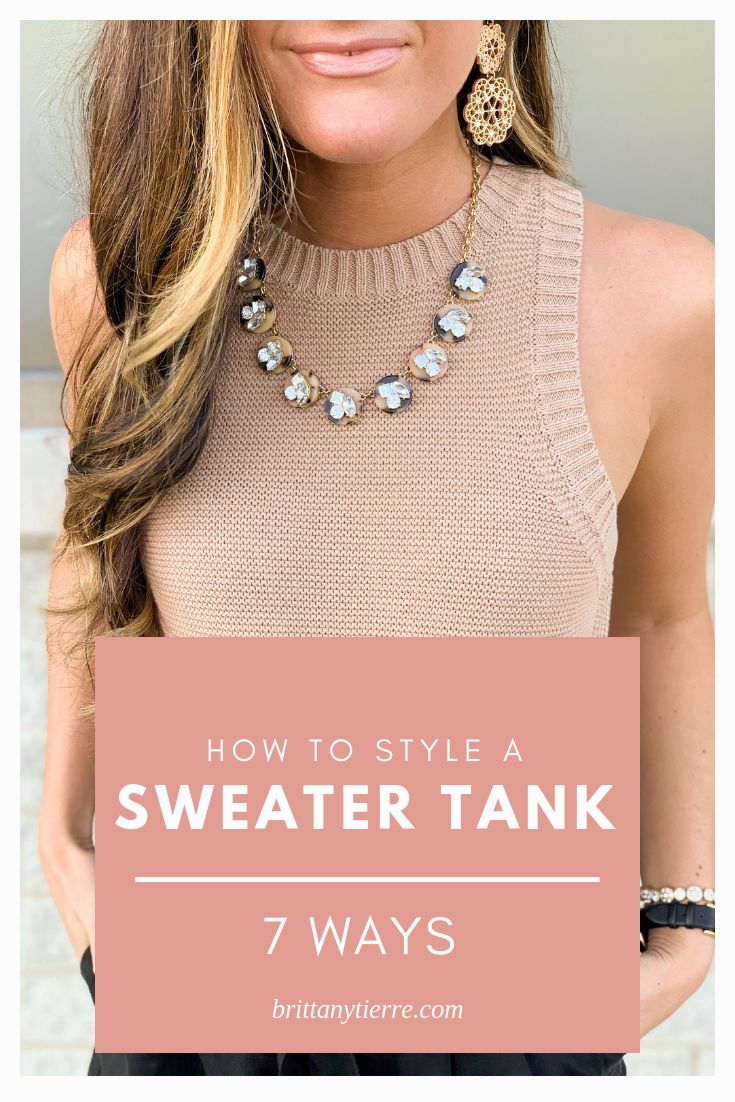 Take a look at how to style a sweater tank 7 ways! | Sleeveless sweater, sleeveless sweater outfit, sweater tank, sweater tank outfit, spring outfit, summer outfit, shorts outfit, paperbag shorts, beige sweater outfit, black shorts outfit, womens spring fashion, womens summer fashion, classy summer outfit, blogger style, balayage, balayage hair, balayage hairstyle, long curled hair, long hair style, curled hair Sweater Tank Top Outfit Winter, White Sweater Tank Outfit, Sweater Tank Top Outfit Layered, How To Wear Sleeveless Sweater, Sweater Tank Top Outfit Summer, Sweater Tank Top Outfit Fall, Tank Top Sweater Outfit, Sleeveless Sweater Outfit Winter, Tan Tank Top Outfit