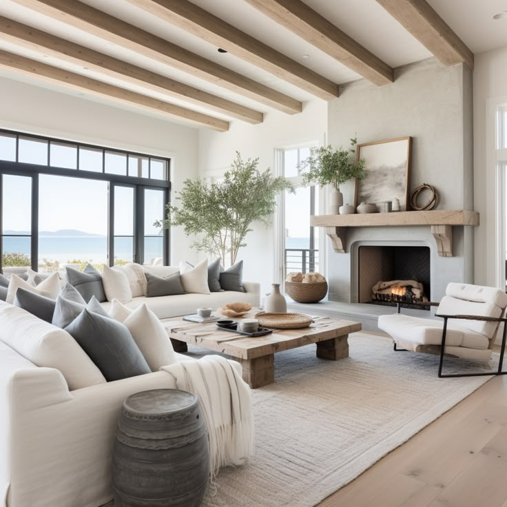 a living room filled with furniture and a fire place in front of a large window