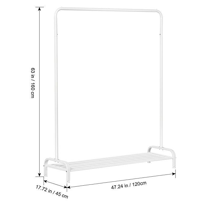 a white metal shelf with measurements for the top and bottom bars on each side,