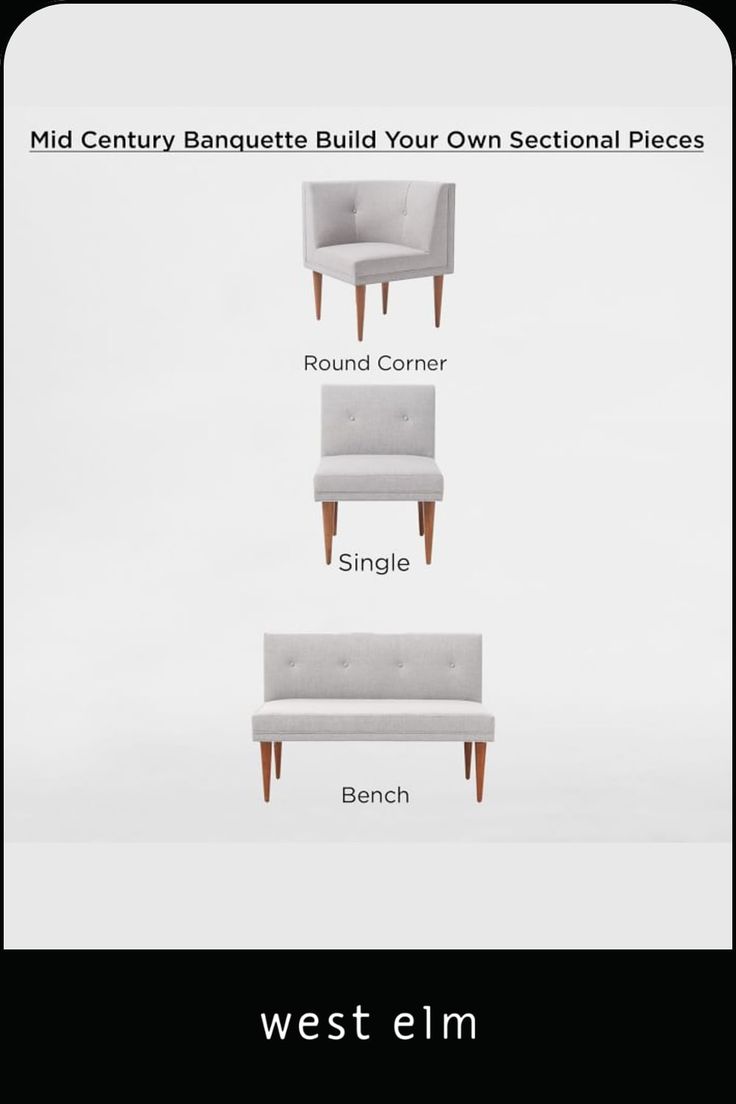 an advertisement for the west elm furniture store, featuring four different chairs and one bench