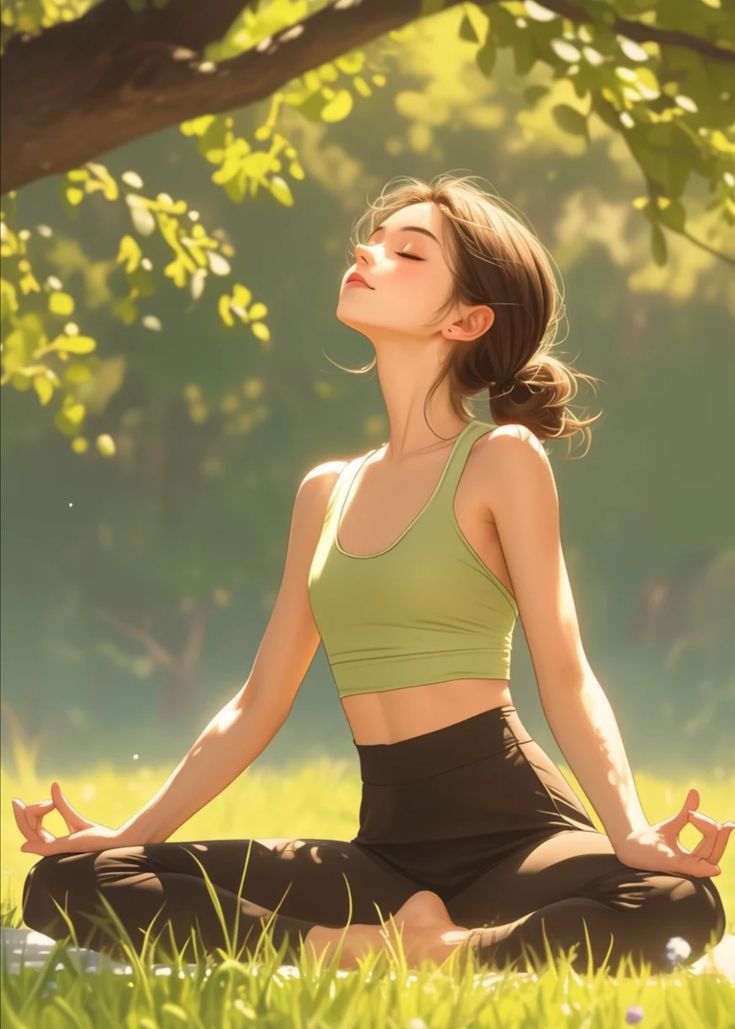 a woman is sitting in the grass doing yoga