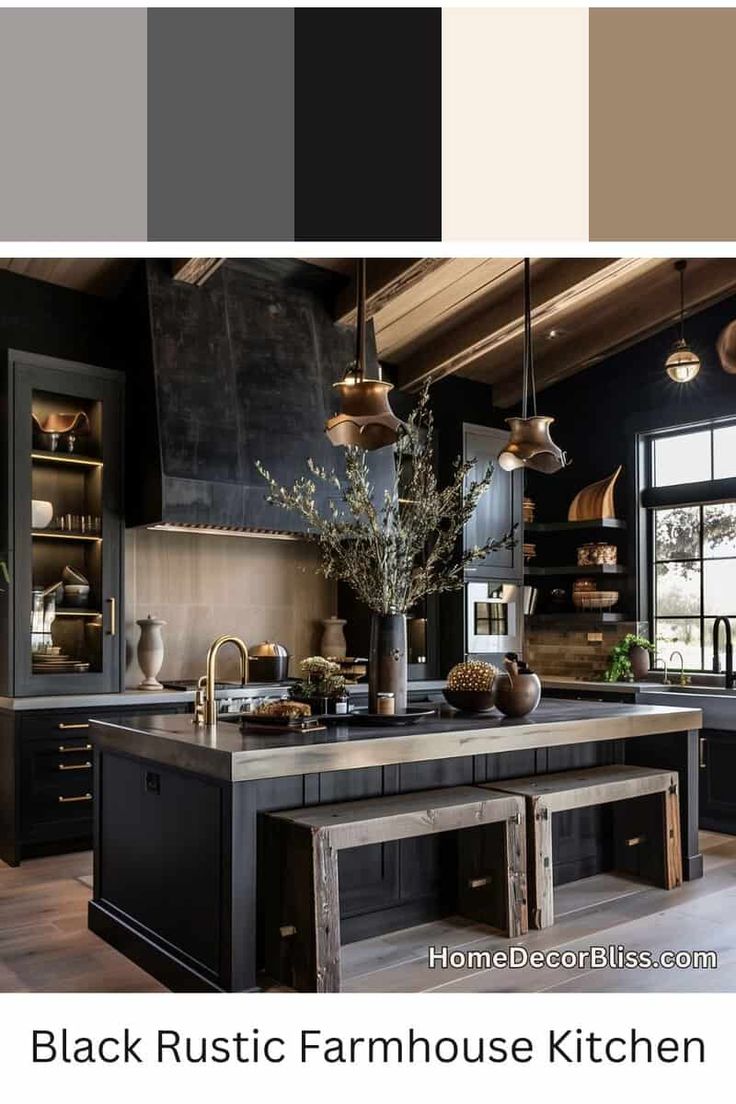 Rustic Farmhouse Kitchen: Sleek Black Cabinetry and Exposed Wooden Beams Western Modern Kitchen Ideas, Kitchen Interior Farmhouse Modern, Masculine Kitchens, Rustic Farmhouse Remodel, Black Farmhouse Interior Design, Rustic Farmhouse Kitchen Black Cabinets, Black Wood And Copper Kitchen, Black Kitchen Copper Accents, Black And Gold Rustic Kitchen