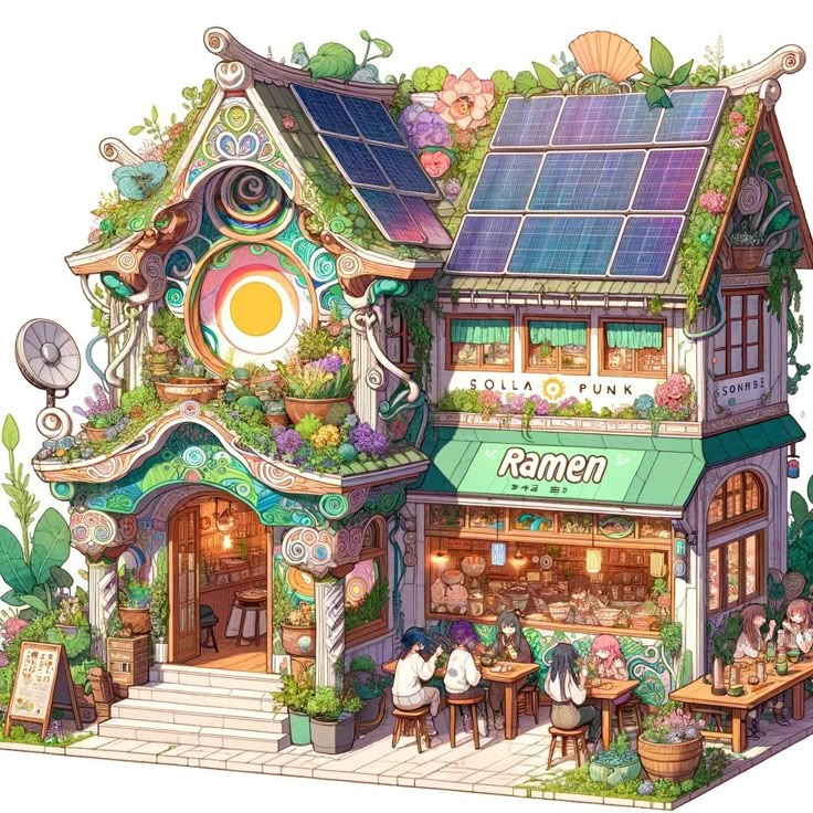 Art Nouveau Solarpunk Ramen Shop 🍜🪴🐞 Fantasy Solarpunk, Solarpunk Town, Solarpunk Building, Solarpunk Village, Solarpunk Concept Art, Solar Punk Architecture, Solarpunk Lunarpunk, Minecraft Solarpunk, Solarpunk Character