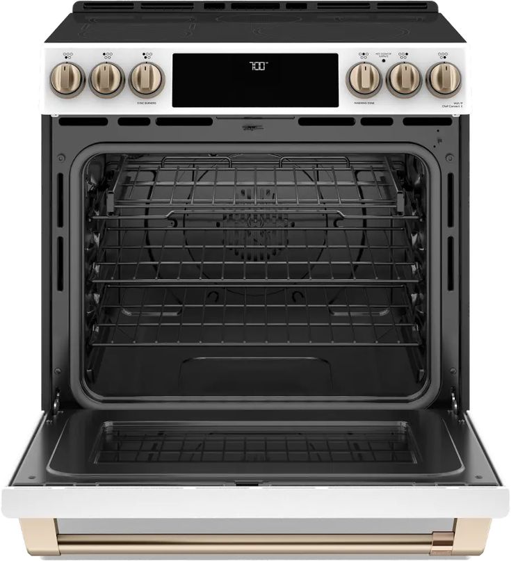 an oven with the door open and two burners on it's front grill