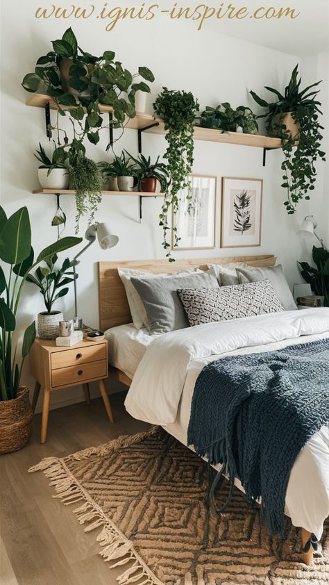 a bedroom with plants hanging above the bed