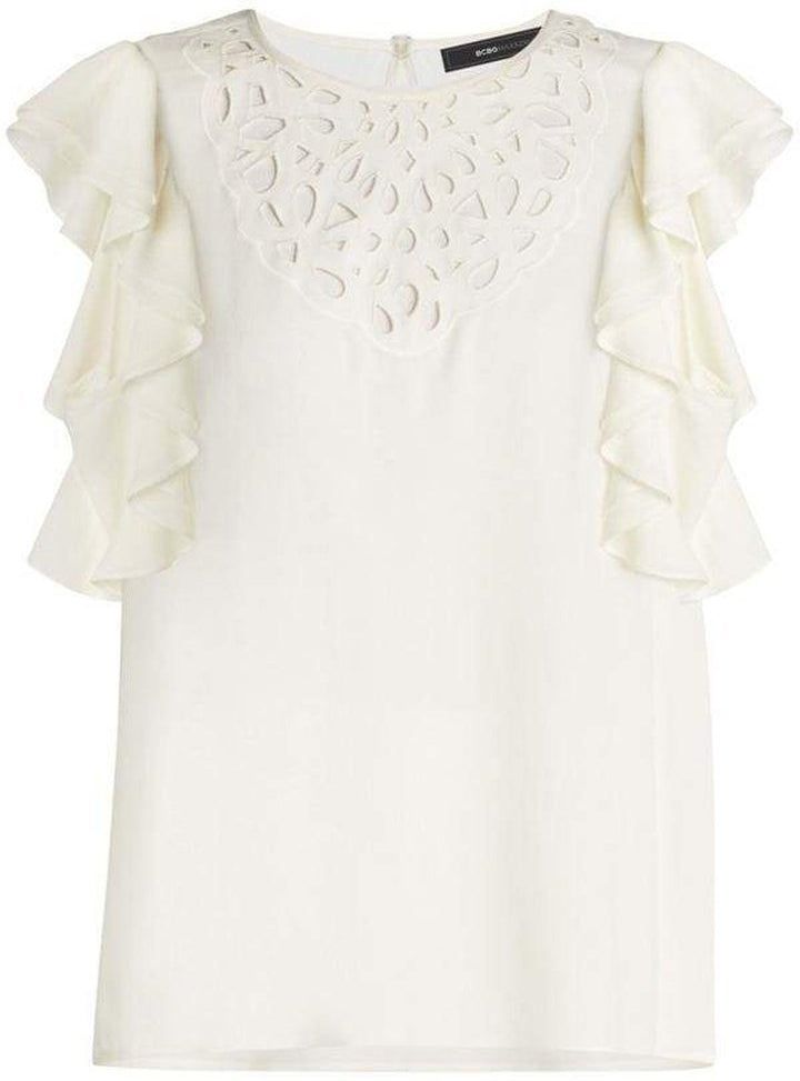 BCBGMAXAZRIA-Haidee Flutter-Sleeve Cutout Embroidered Top - Runway Catalog Elegant Short Sleeve Tops With Cutwork Hem, Chic Scalloped Edges Blouse For Summer, Chic Blouse With Scalloped Edges For Summer, Chic Summer Blouse With Scalloped Edges, Elegant Sleeveless Tops With Scalloped Edges, Elegant Summer Tops With Cutwork Hem, Chic Sleeveless Top With Scalloped Edges, Summer Blouse With Scalloped Edges And Short Sleeves, Spring Sleeveless Tops With Scalloped Edges