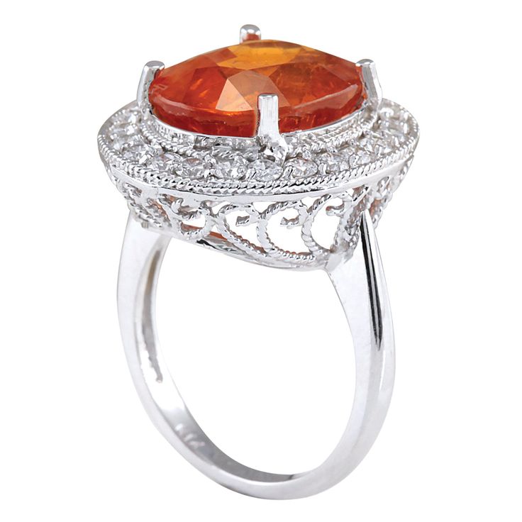 Stamped: 14K White GoldTotal Ring Weight: 7.0 GramsRing Length: N/ARing Width: N/AGemstone Weight: Total Natural Mandarin Garnet Weight is 11.41 Carat (Measures: 13.85x11.05 mm)Color: OrangeDiamond Weight: Total Natural Diamond Weight is 0.90 CaratColor: F-G, Clarity: VS2-SI1Face Measures: 20.90x18.23 mmSku: [702332W] Classic Formal Gemstones With Diamond Accents, Elegant Orange Sapphire Round Ring, Orange Diamond Accented Jewelry For Weddings, Elegant Orange Jewelry With Diamond Accents, Formal Round Gemstones With Polished Finish, Elegant Orange Ring With Accent Stones, Elegant Orange Rings With Accent Stones, Luxury Orange Gemstone Ring, Elegant Orange Oval Rings