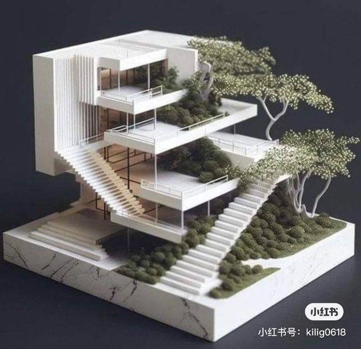 an architectural model of a house with stairs and trees