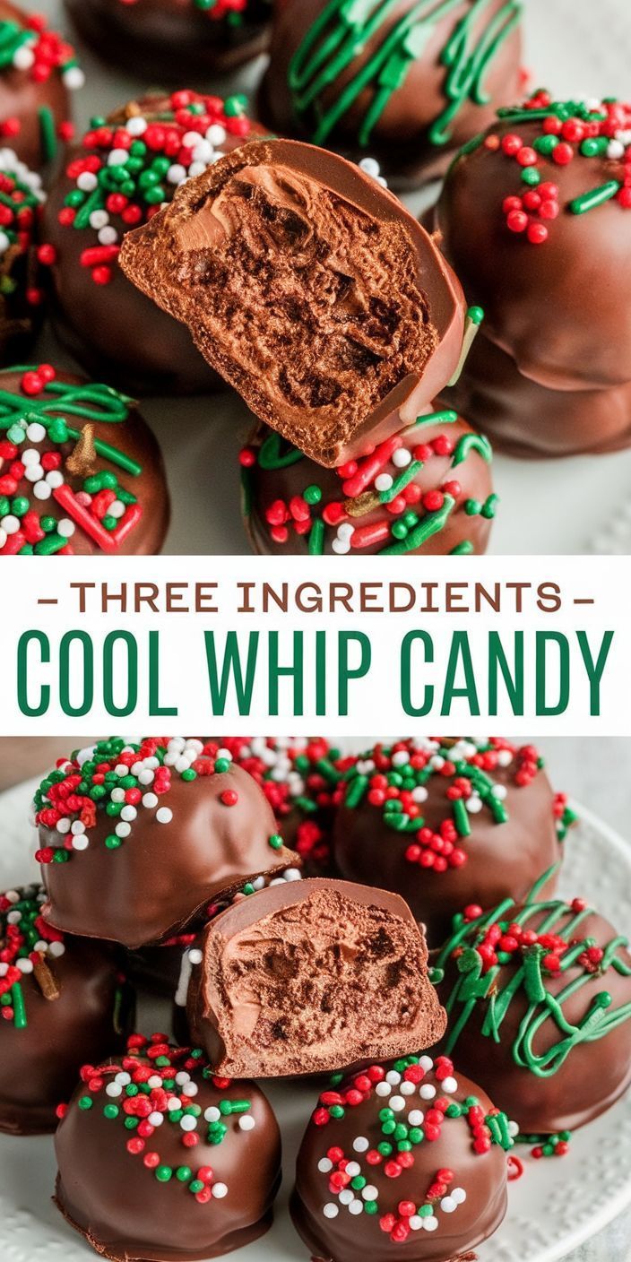 chocolate covered cookies and candy on a plate with the words, three ingredients - cool whip candy