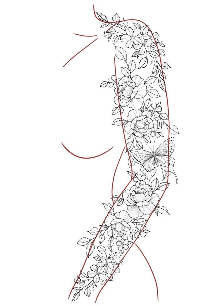 an arm tattoo with flowers and butterflies on the arm, as well as a line drawing