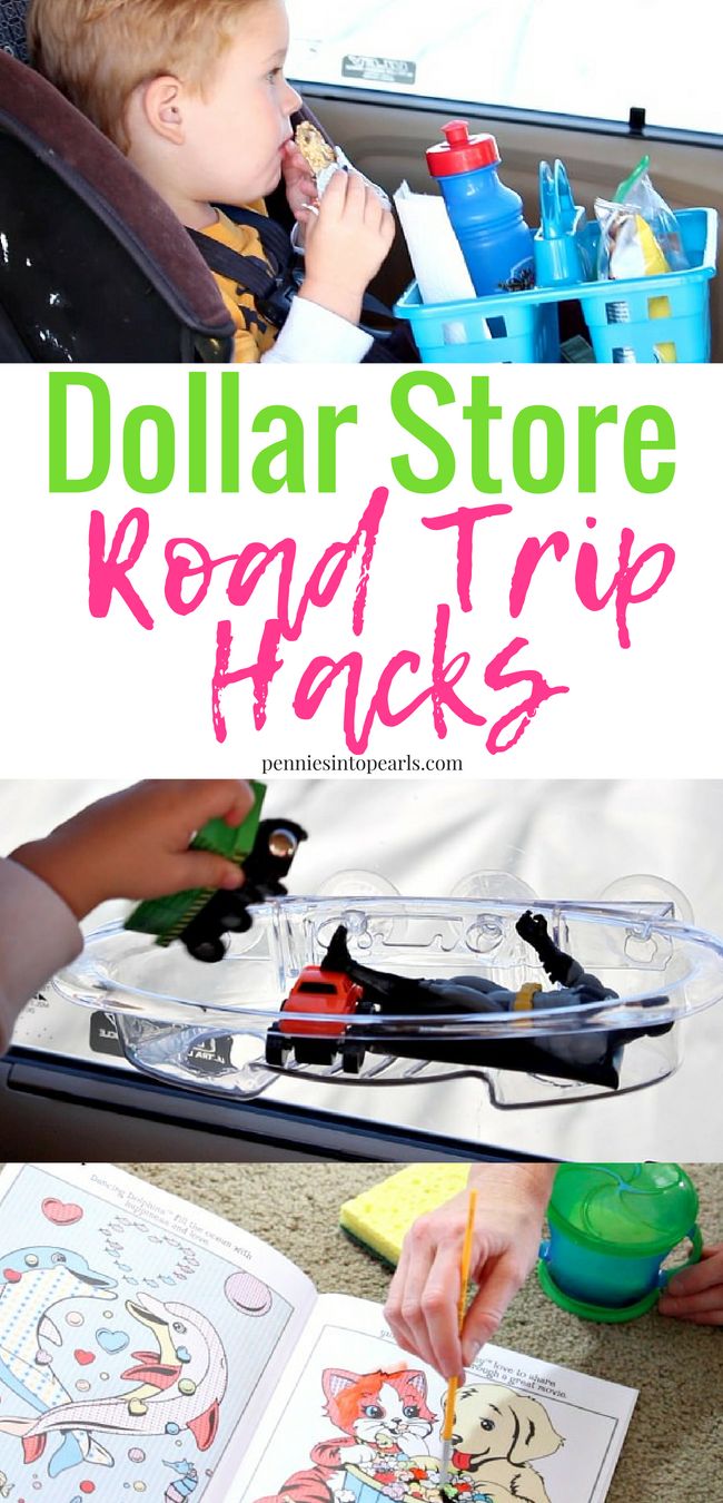 a young boy is sitting in his car seat while reading a book with the title dollar store road trip hacks