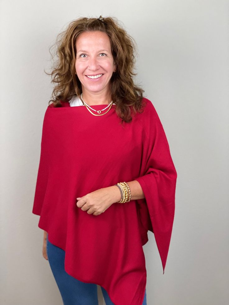 Eden Poncho-Scarlet. One Size Winter Poncho In Solid Color, Cozy Solid Color Poncho For Fall, Winter Poncho In One Size, One Size Winter Poncho, Oversized Cashmere Poncho, Shawl For Layering, Fall Soft Knit Poncho, One Size Cashmere Wraps For Fall, Chic Solid Color Winter Poncho