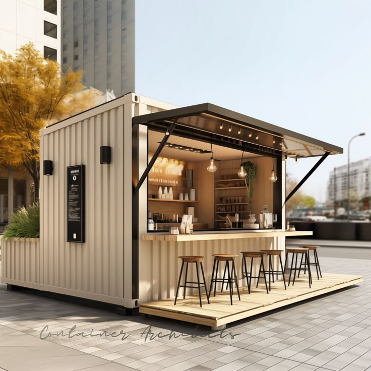 an outdoor bar area with stools and tables