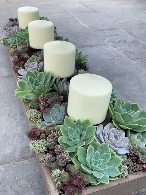 some candles and succulents are arranged on a wooden block with concrete pavers