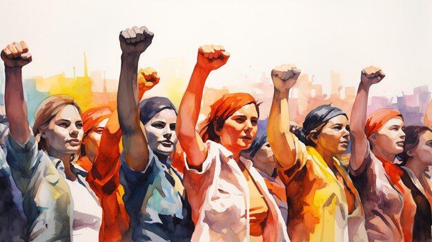 a painting of many women raising their fists