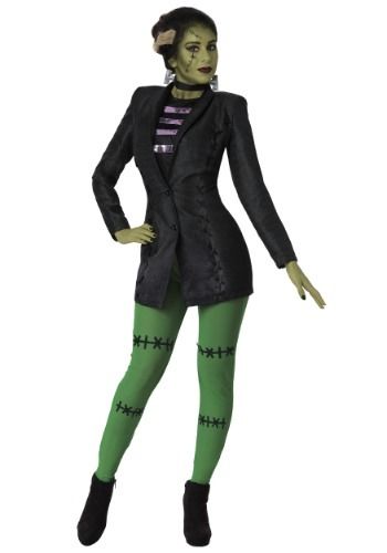 a woman in green tights and a black jacket