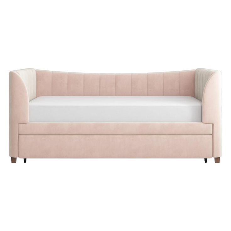 a pink couch with white sheets and pillows on it's back end, against a white background