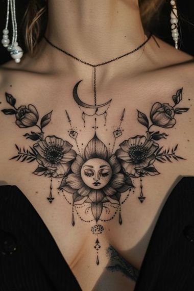 a woman's chest with flowers and moon tattoos on her upper half - back