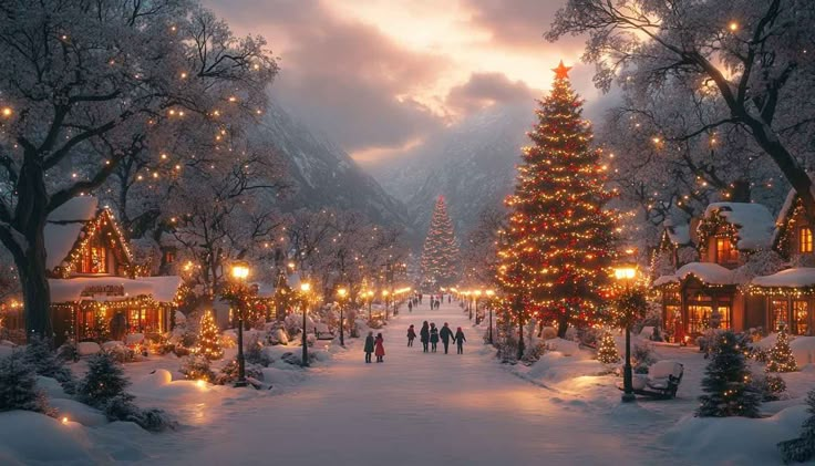 a christmas scene with people walking through the snow