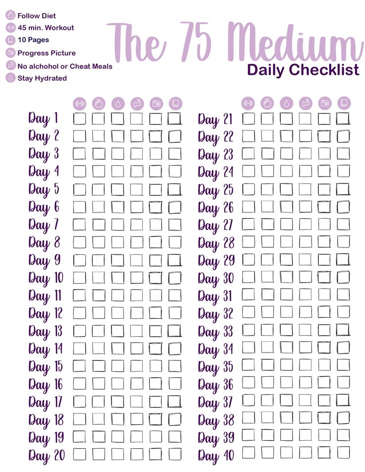 the 75 medium daily checklist is shown in purple and white with numbers on it