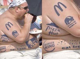 two pictures of a man with tattoos on his body eating food and talking on the phone