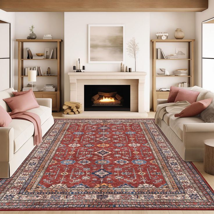 a living room filled with furniture and a fire place in the middle of the room